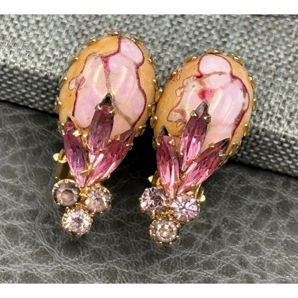 Vintage Dragon Egg Marble Pink Cabochon Crystal Rhinestone Clip Earrings READ